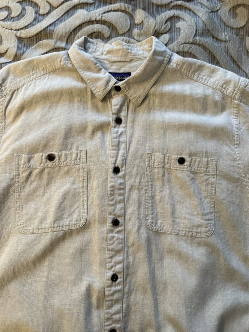 Patagonia Shirt Men's Large Oatmeal Back Step Hemp Organic Cotton Comfort Casual